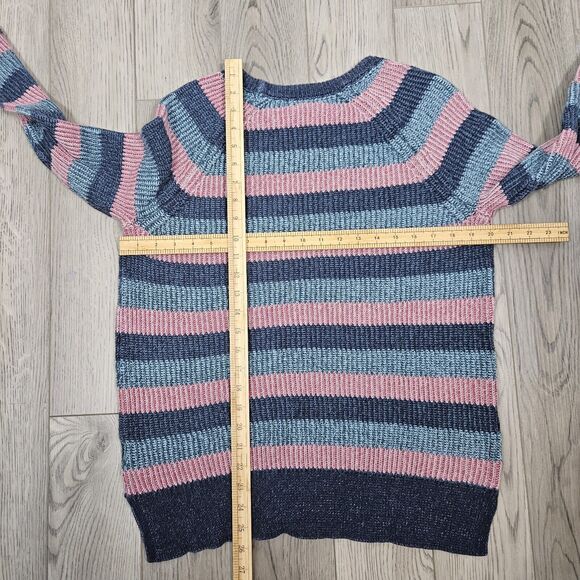 LL Bean Coastal Cotton Knit Sweater Pink Blue Striped Pullover Crew Neck Medium - Picture 3 of 6